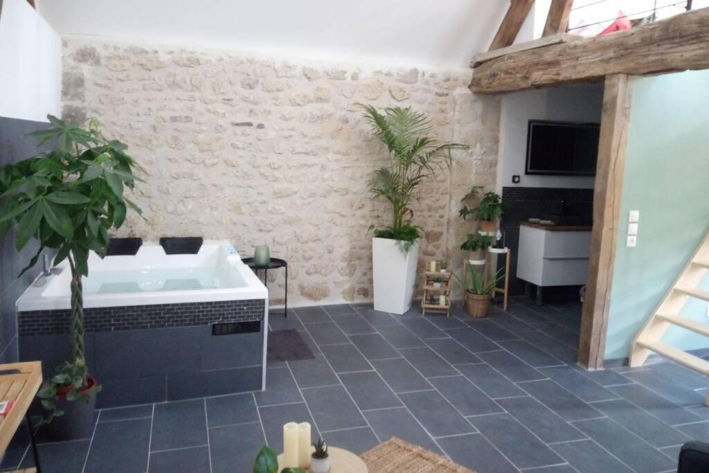 baño con bañera y macetas en Maison privative, cocooning, zen , avec jacuzzi, en Mont-Notre-Dame