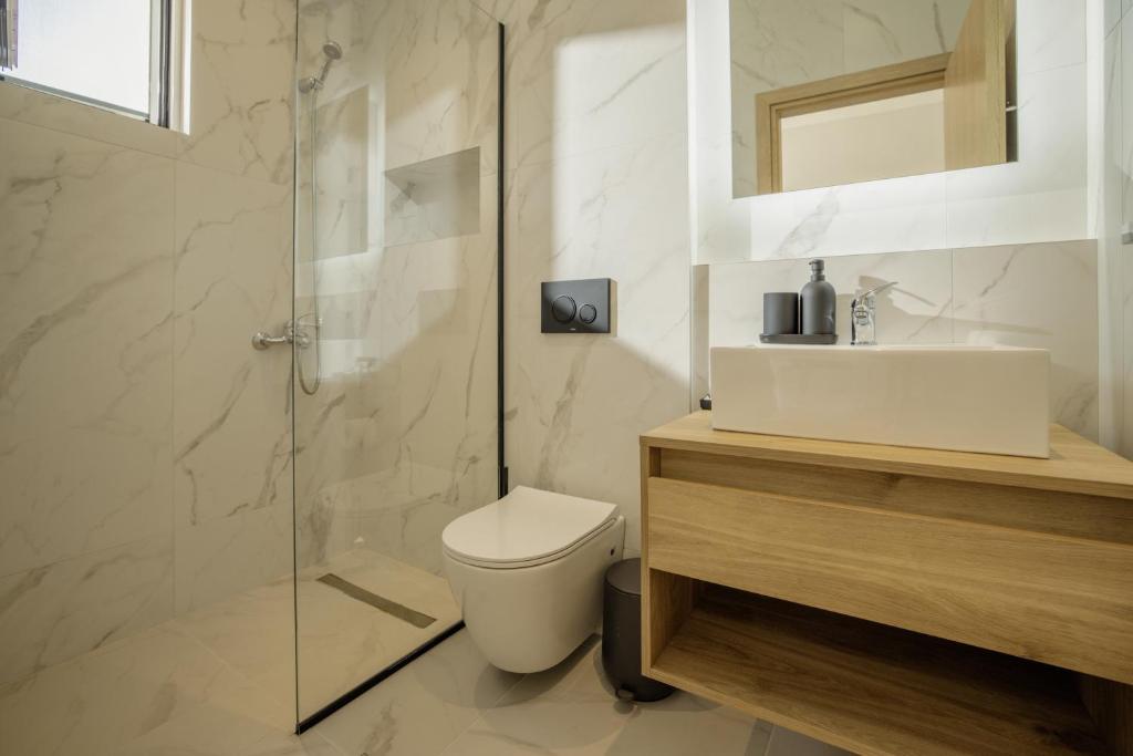 a bathroom with a shower and a toilet and a sink at Casa Costa Suites in Kanali