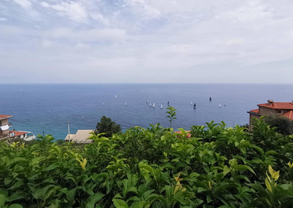 a view of the ocean with boats in the water at Casa Bellavista in Bergeggi