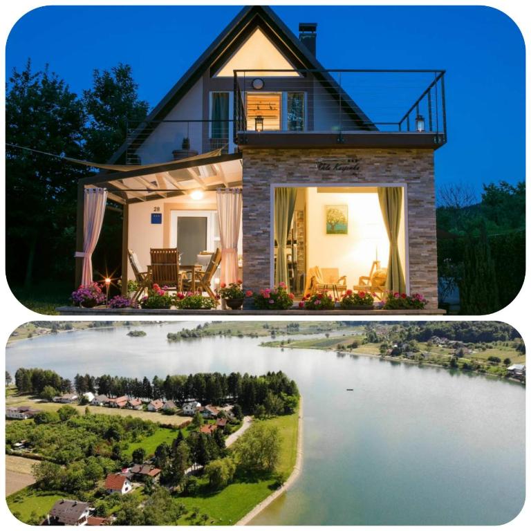 two pictures of a house and a lake at Vila Kosjenka on lake Sabljaci in Ogulin