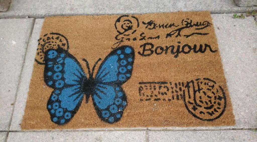 a blue butterfly on a welcome mat on the sidewalk at Le Papillon in Isserpent
