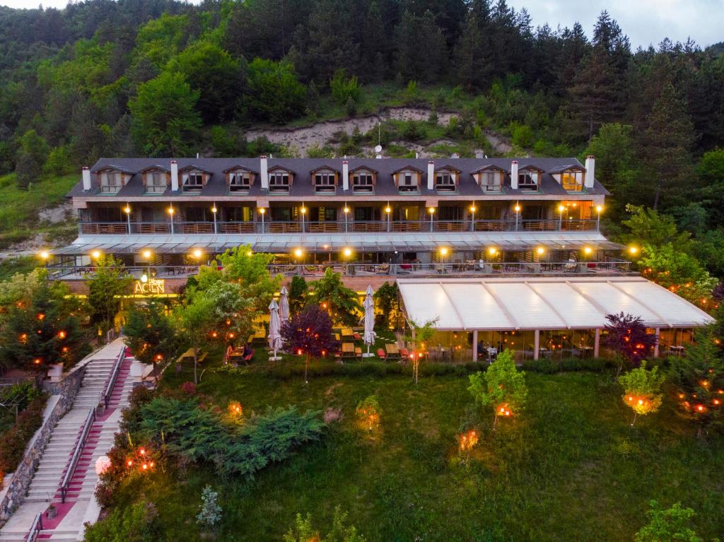 an aerial view of a large building with lights at Abant Aden Boutique Hotel & Spa in Abant