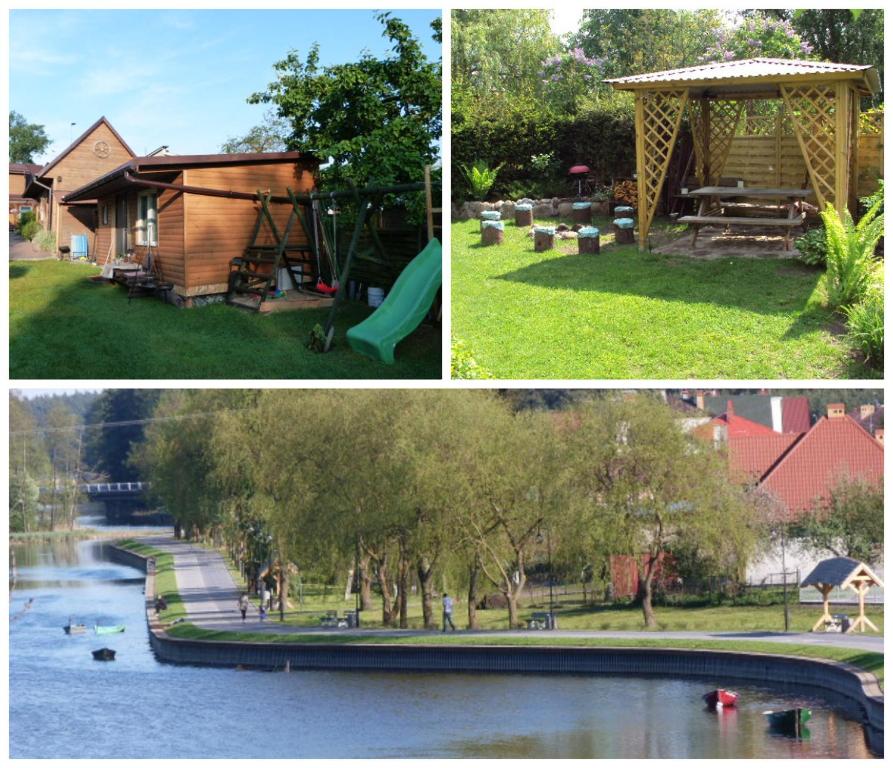 four different pictures of a house and a park at Domek + pokoje nad kanałem in Augustów