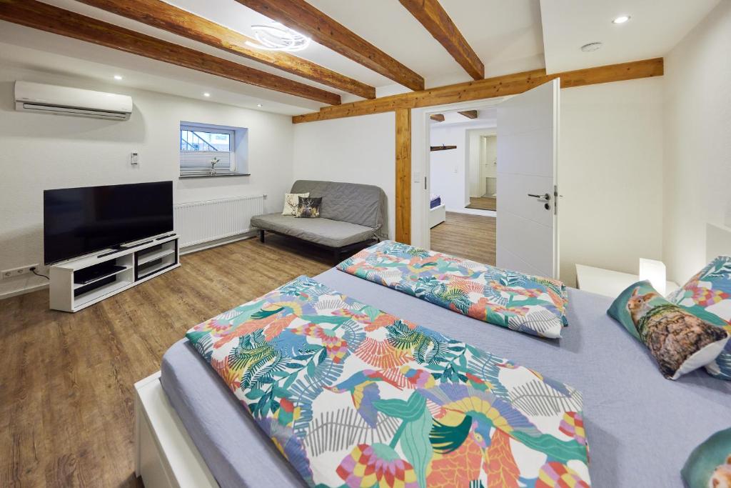 um quarto com uma cama e uma televisão de ecrã plano em Wohnung 11 - nur 10 Minuten zu Fuß in den Europa-Park em Rust