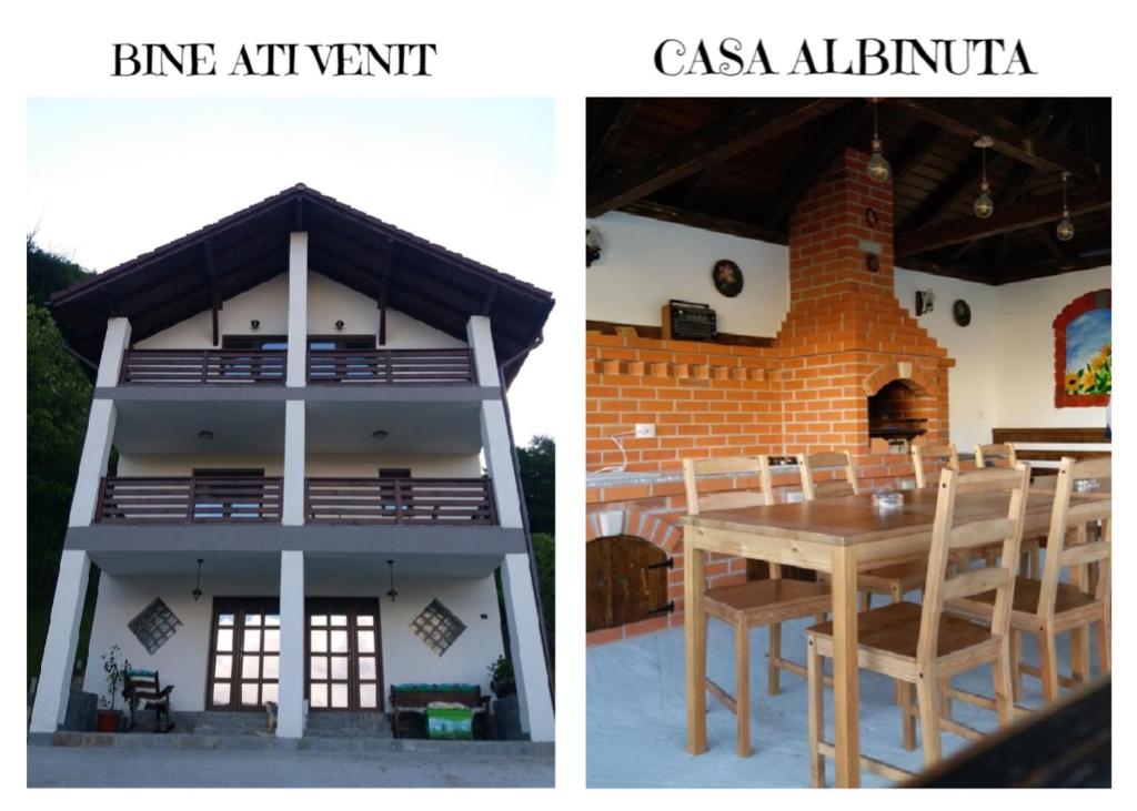 duas fotos de uma casa com uma mesa e um edifício em Casa Albinuța em Călimăneşti