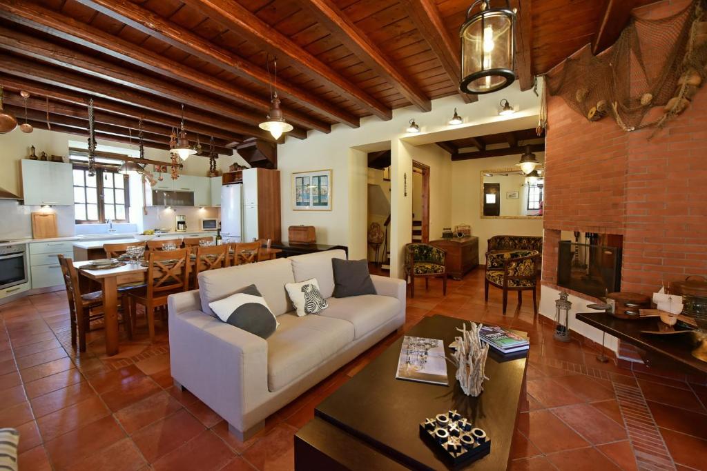 伊茲拉的住宿－Kamini's Tranquility Retreat，带沙发和桌子的客厅以及厨房。