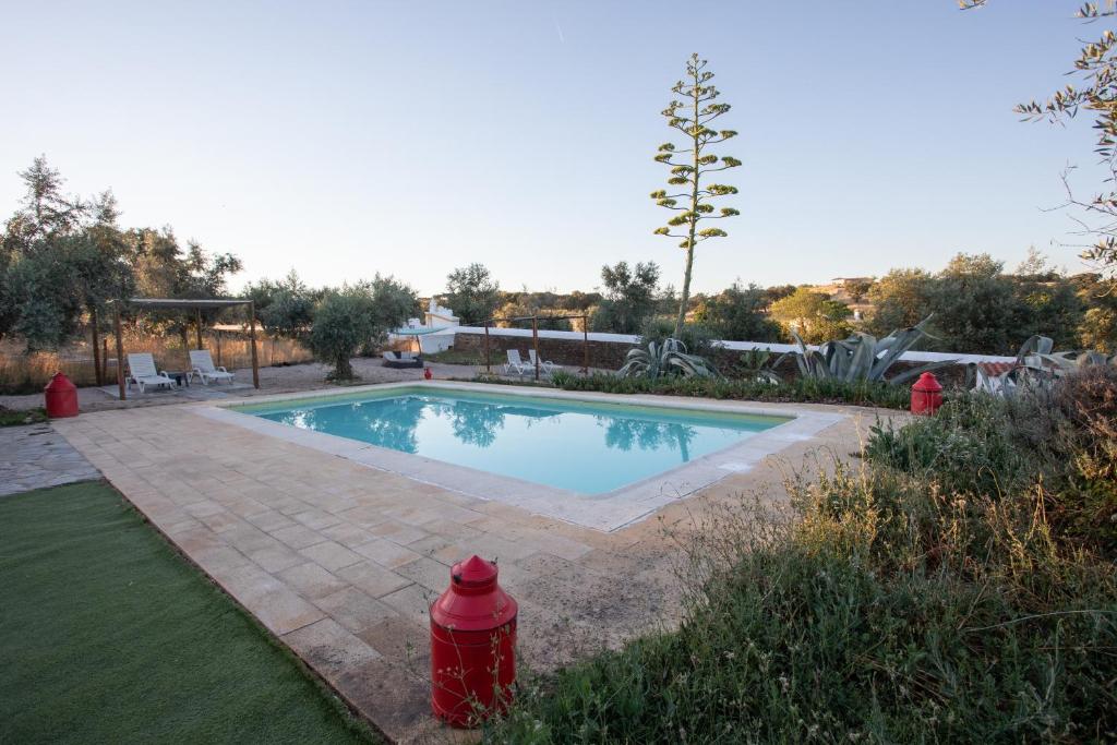 a swimming pool with a red fire hydrant in a yard at Monte Dos Vicentes in Terena