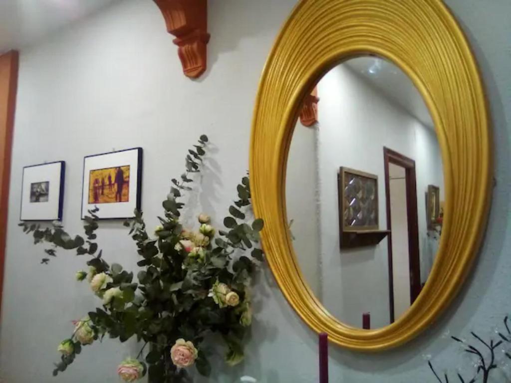 un espejo en una pared con un jarrón de flores en Las Golondrinas Zaragoza habitación para una persona, en Zaragoza