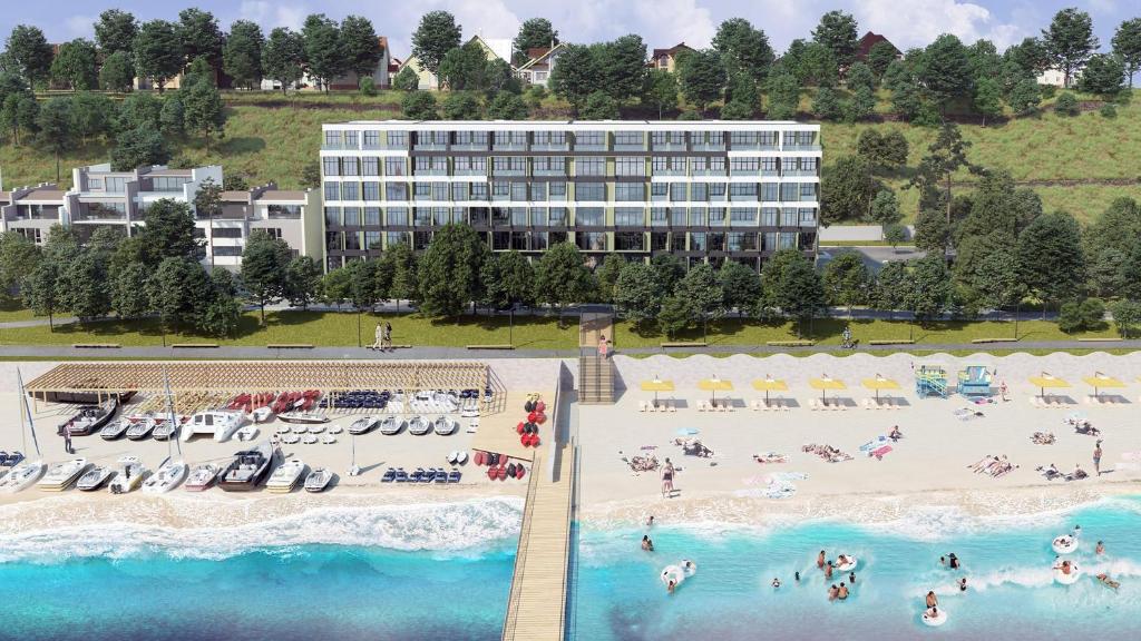 an aerial view of a beach in front of a hotel at Апартаменты у моря Magnit первая линия in Odesa
