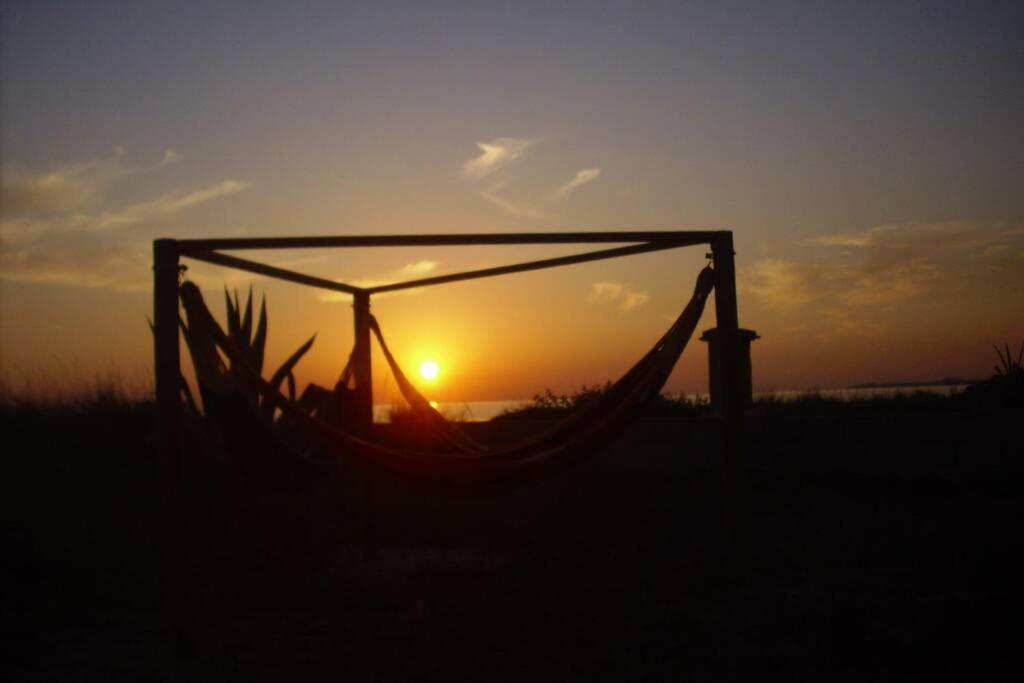 uma rede num campo com o pôr-do-sol ao fundo em The Beach House Denia -- Casa en primera línea de playa - Denia em Denia