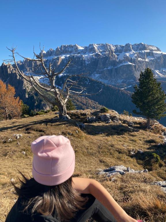 Una mujer con un sombrero rosa sentada en la cima de una montaña en Arya Alpine Lodge, en Selva di Val Gardena