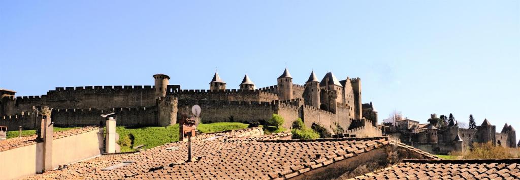 a large castle with a bunch of buildings at A l'ombre des remparts in Carcassonne