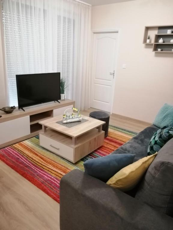 uma sala de estar com um sofá e uma televisão em Boglárka Apartman em Szeged