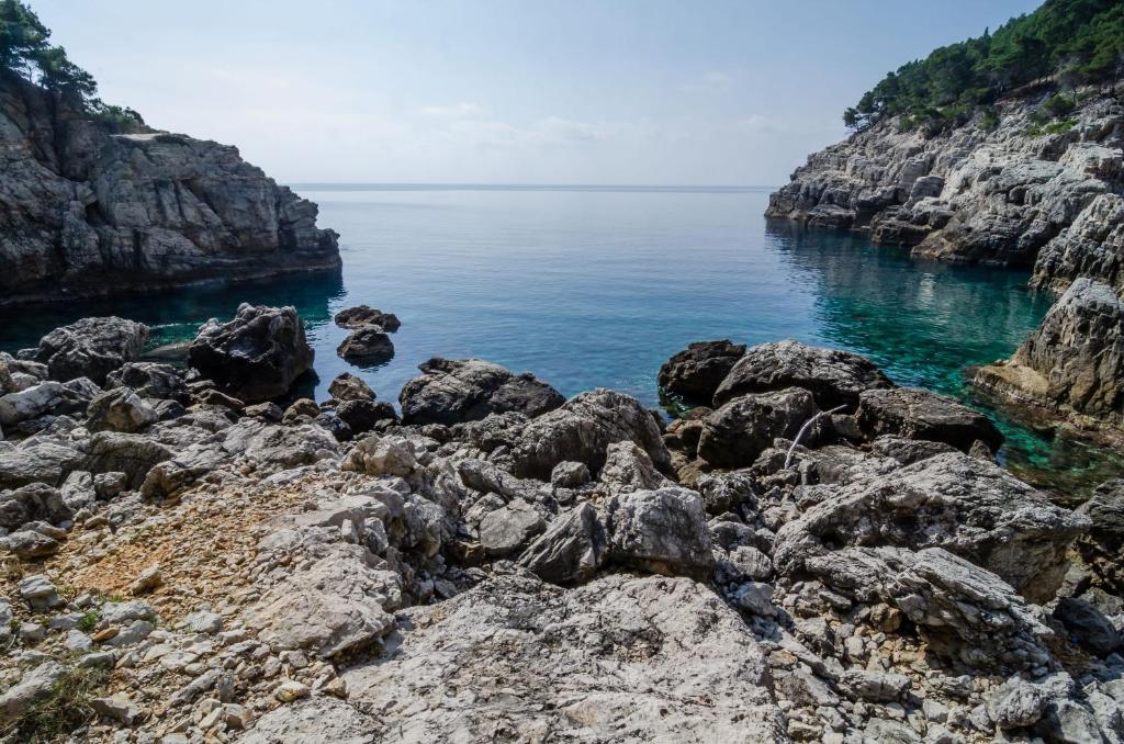 uma costa rochosa com água azul e rochas em Rooms Korina & Mauro Ropa Mljet em Ropa