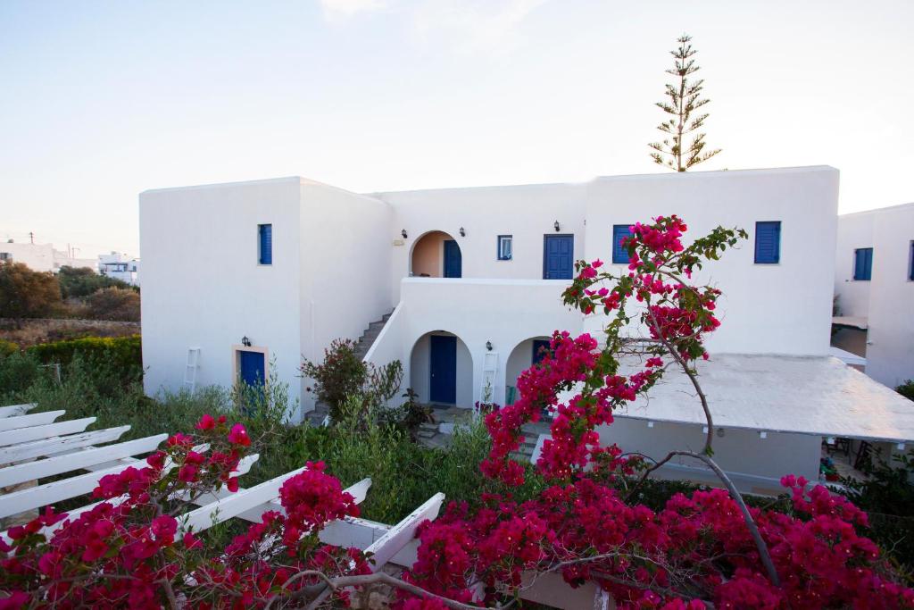 a cluster of white buildings with pink flowers at Guesthouse Perdikouli in Aliki