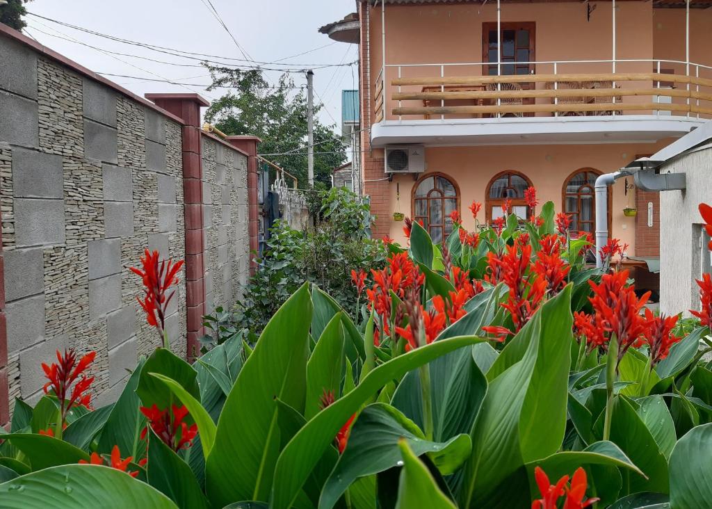 un jardín con flores rojas frente a un edificio en Adore, en Sudak