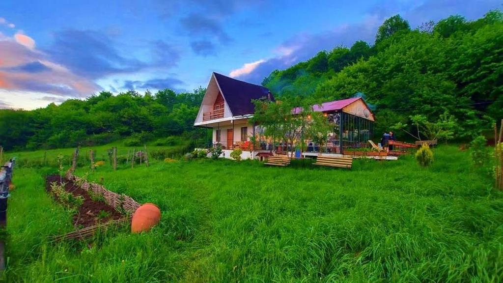 una casa en una colina con un campo de hierba en Villa Rbona, en Khashuri