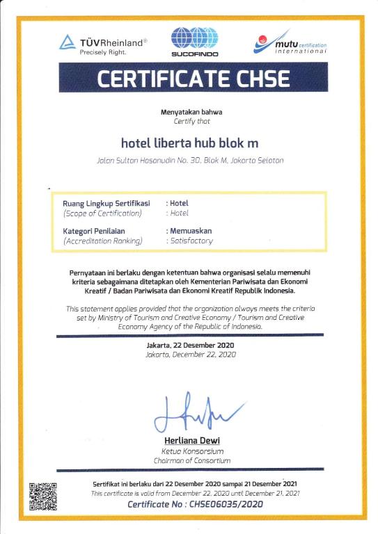 Certifikát, hodnocení, plakát nebo jiný dokument vystavený v ubytování Liberta Hub Blok M Jakarta