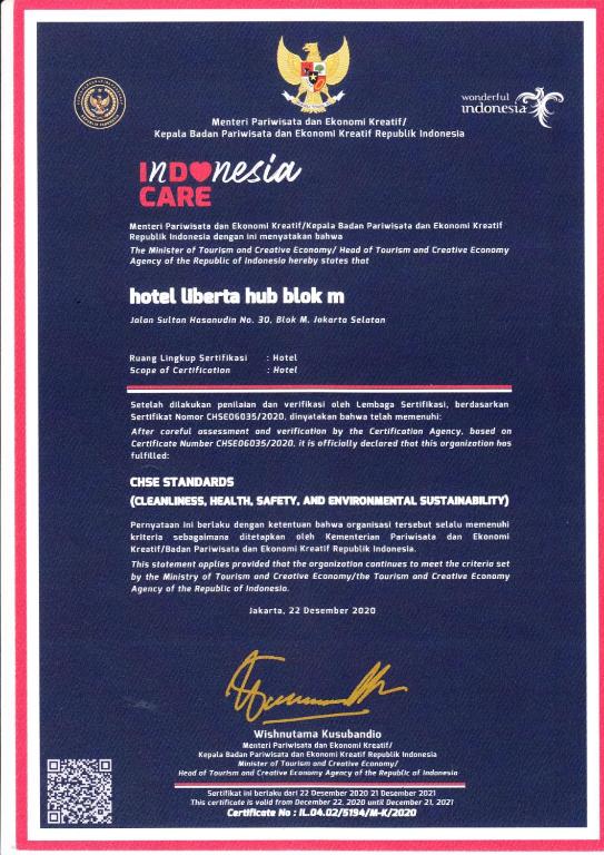 Certifikát, hodnocení, plakát nebo jiný dokument vystavený v ubytování Liberta Hub Blok M Jakarta