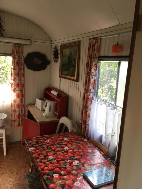 um pequeno quarto com uma cama e uma cozinha em Bauwagen für 4 Pers. em Kasnevitz