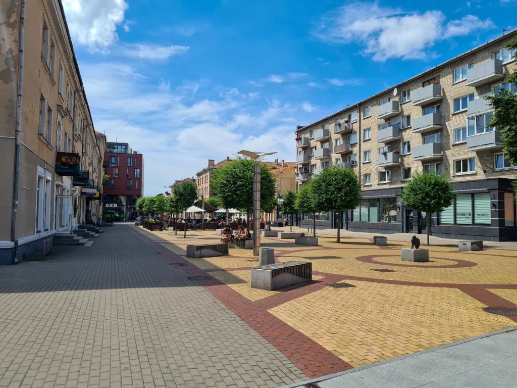 a street in a city with buildings and trees at Old Town Vytautas Apartment in Klaipėda