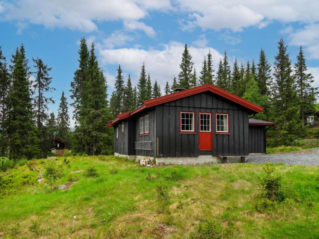 a black house with a red door in a field at Chalet Liaråket - OPP209 by Interhome in Svingvoll