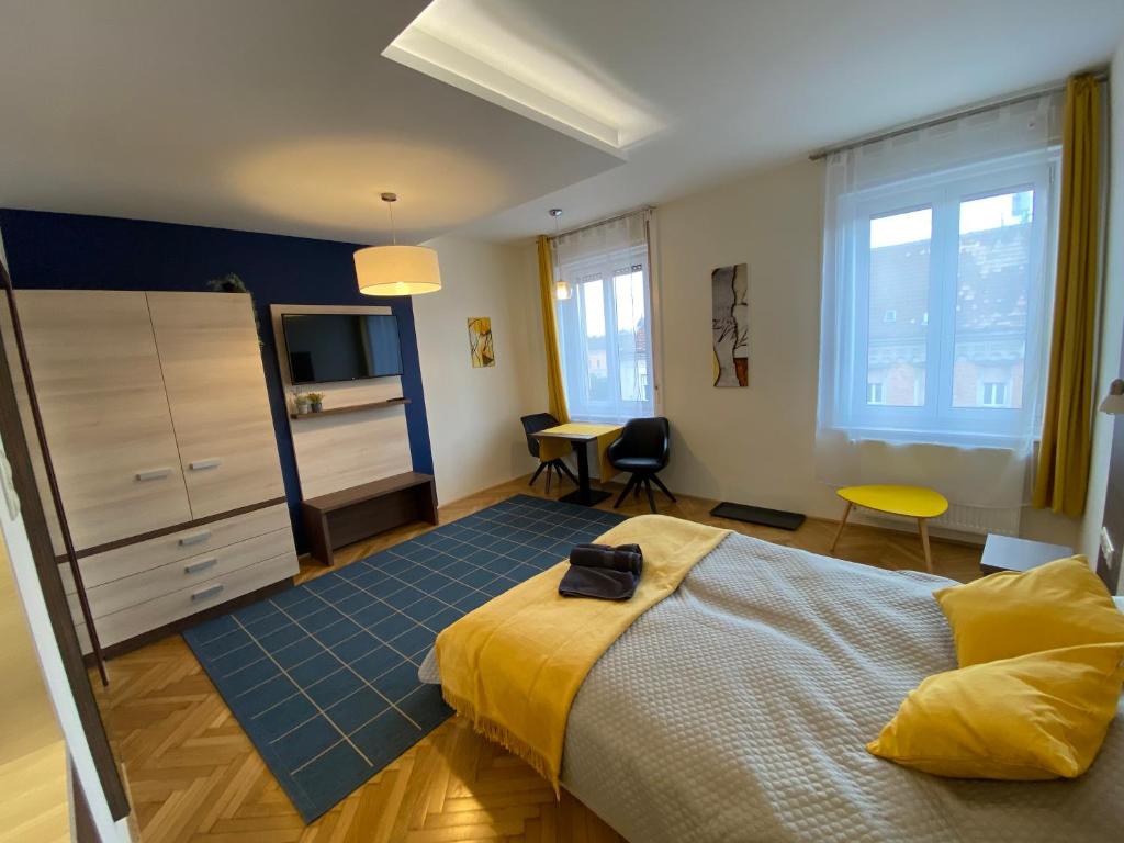 sypialnia z łóżkiem typu king-size i telewizorem w obiekcie Frank & Fang Apartments MK1 w Budapeszcie