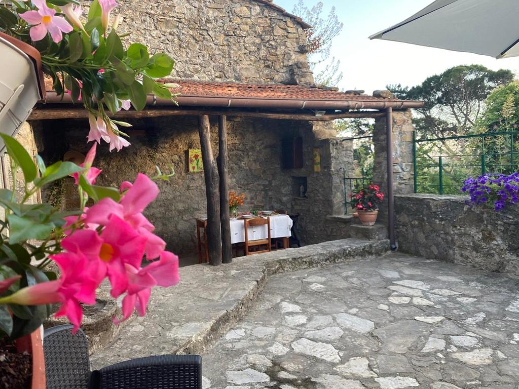 un patio al aire libre con una mesa y flores rosas en Cà del Nonno, en Fivizzano