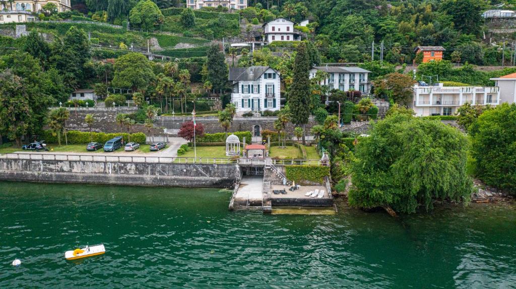 an aerial view of a town on the river at Hotel Villa Ruscello in Baveno