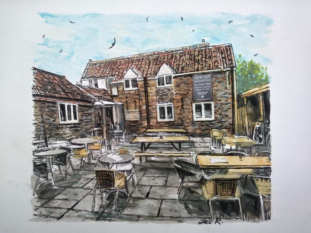 um desenho de um restaurante com mesas e cadeiras em The New Inn Halse em Taunton