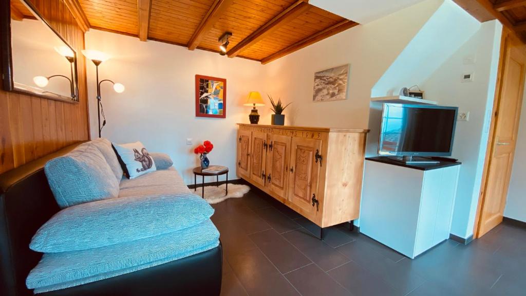 ein Wohnzimmer mit einem Sofa und einem TV in der Unterkunft Casa Fluretta in Flumserberg
