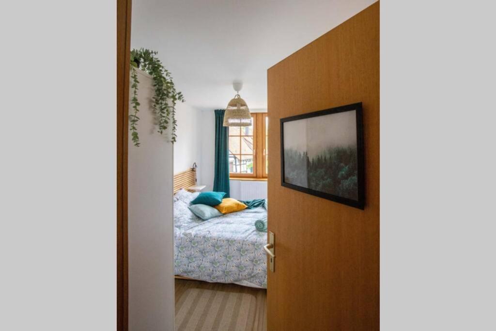 a bedroom with a bed and a television on a door at Charming apartment Basel border - 3 bedrooms in Hégenheim