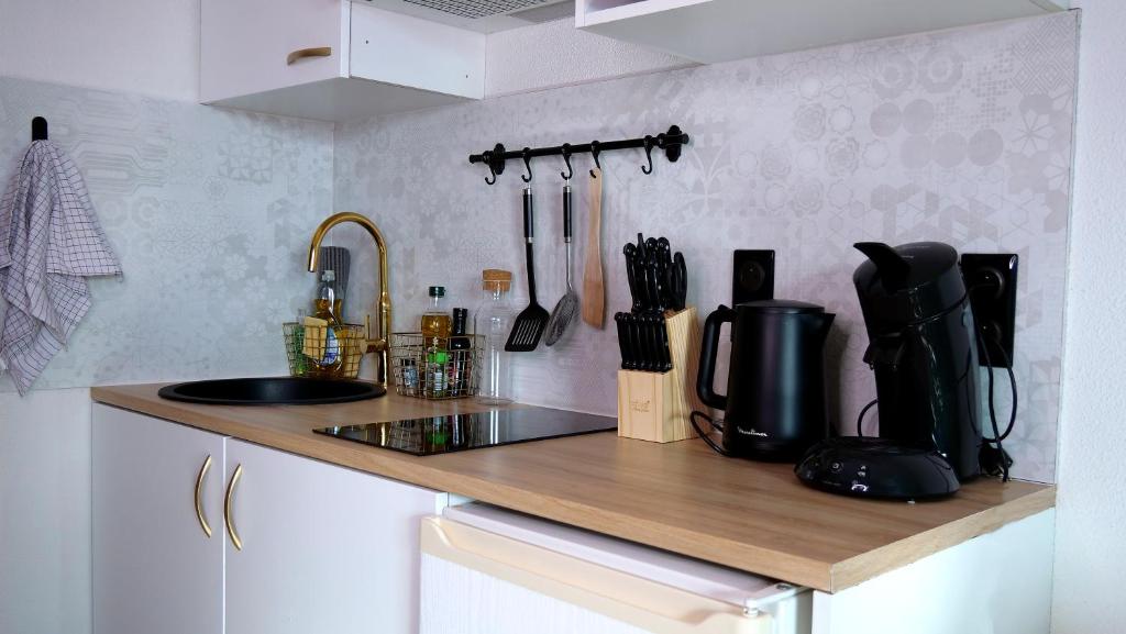 a kitchen with a counter top with a sink and a counter sidx sidx at Studio à 8 min à pied du Futuroscope – 1&#47;4 pers in Chasseneuil-du-Poitou