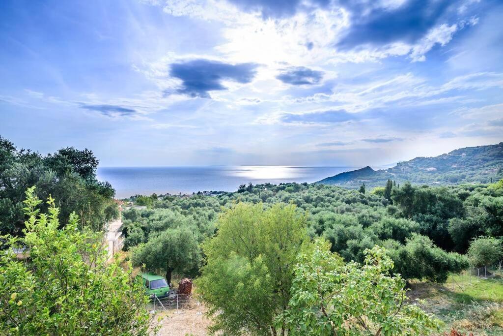 una colina con árboles y vistas al océano en Villa Panorama, en Ligia