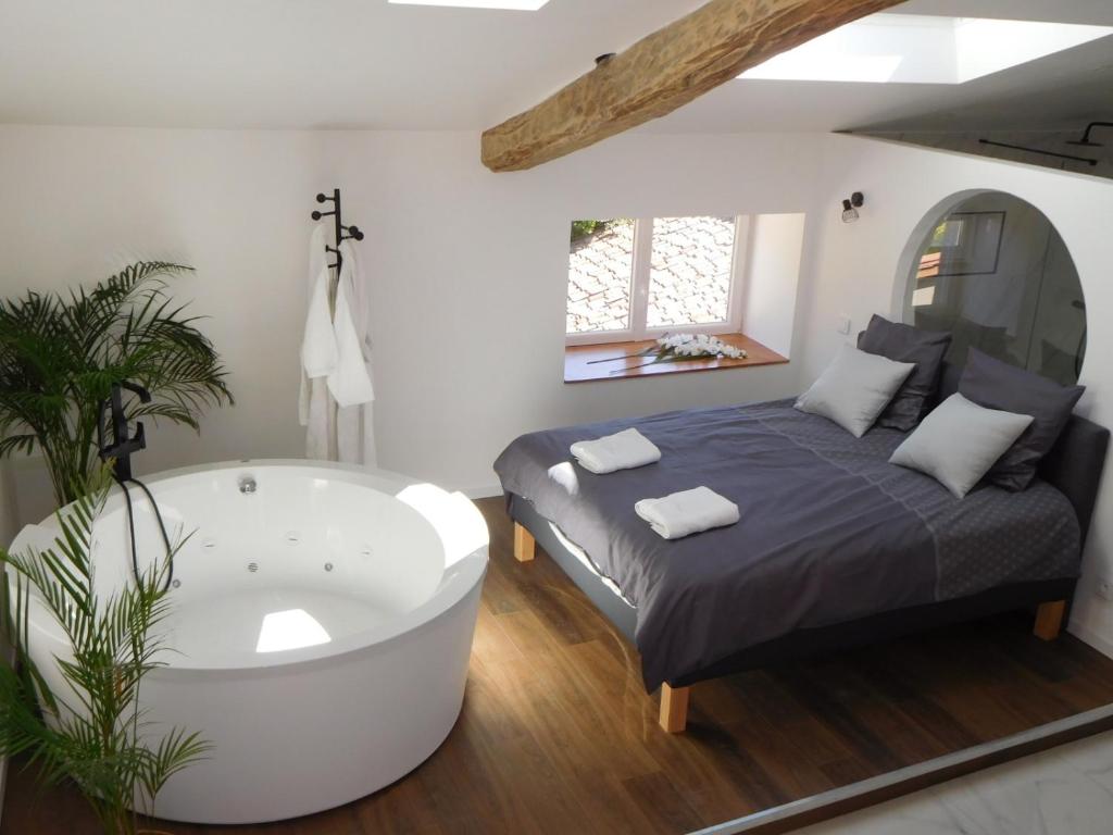 1 dormitorio con cama y bañera en 04A2 - Paradise Love In Provence - le loft étoilé - spa privatif, en Reillanne