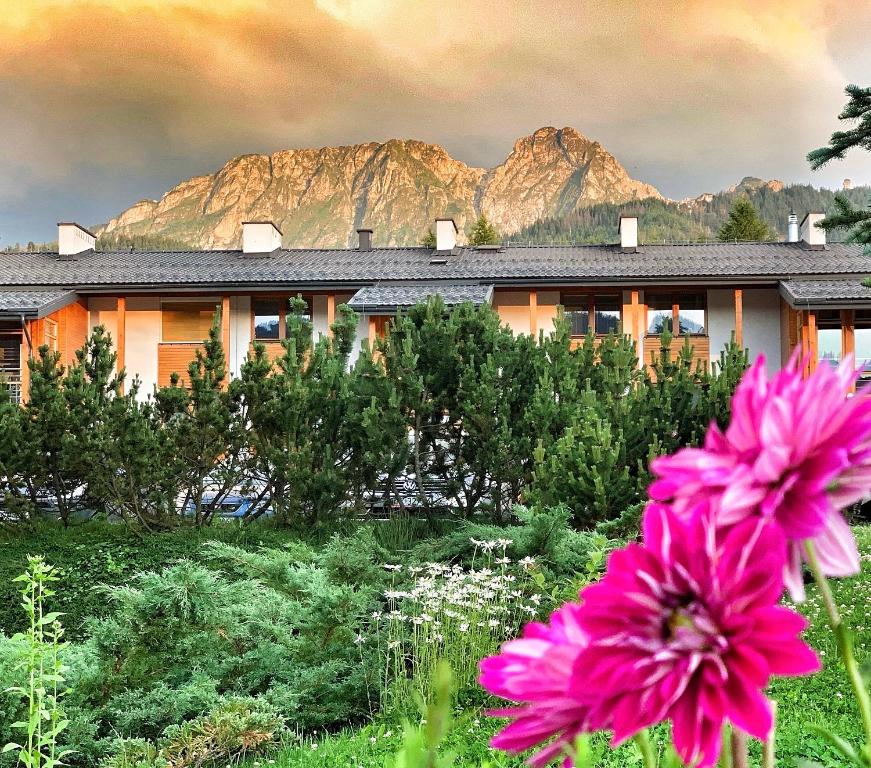 a house in front of a mountain with pink flowers at Apartament Leśny z kominkiem - Viva Pod Giewontem Apartamenty in Zakopane