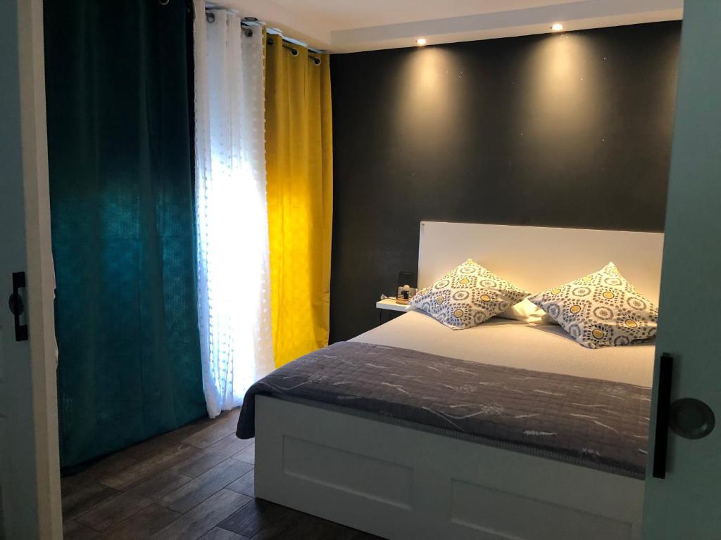 - une chambre avec un lit et 2 oreillers dans l'établissement Appartement climatisé hyper centre de Marseille, à Marseille