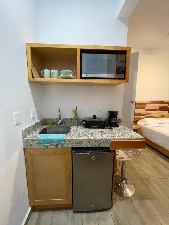 une petite cuisine avec un évier et un micro-ondes dans l'établissement SuitesMB, à Playa del Carmen