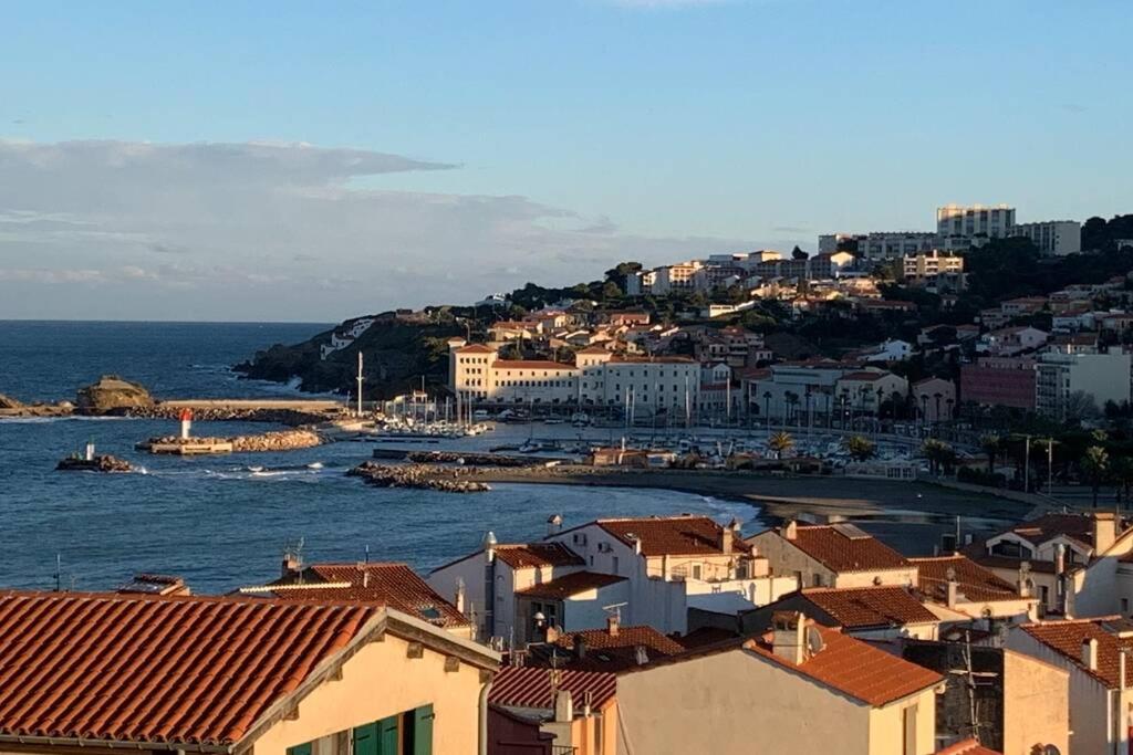 a view of a town with the ocean and buildings at Attique à Banyuls - vue mer et montagne in Banyuls-sur-Mer
