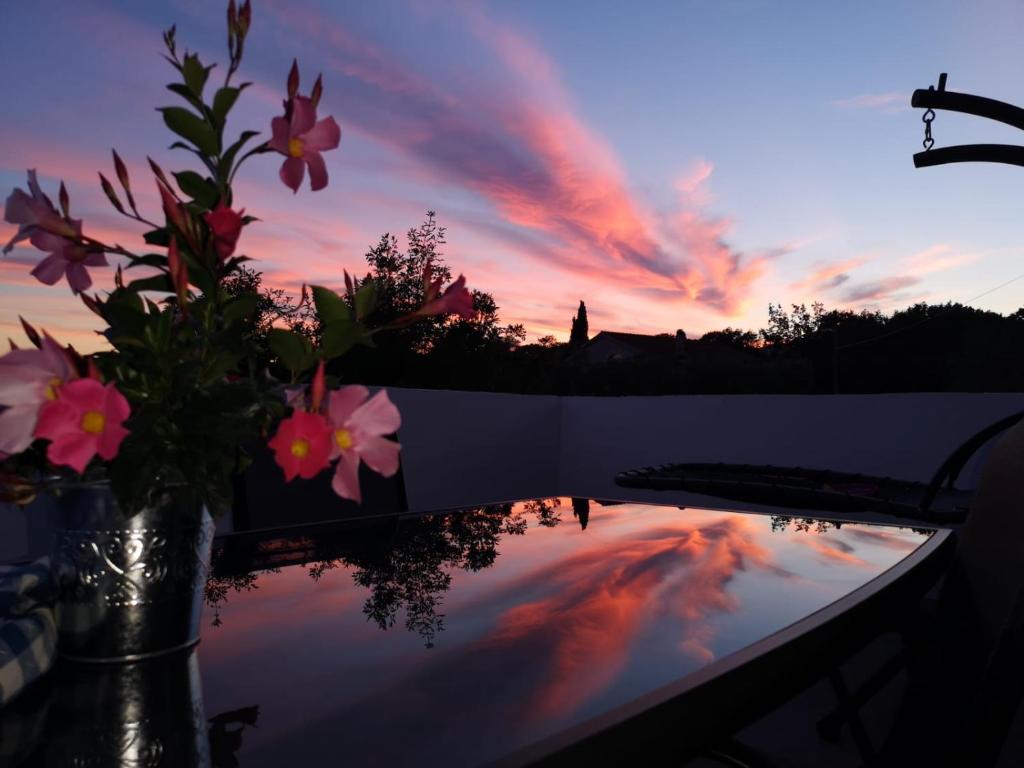 een vaas met bloemen op een tafel met een reflectie van de zonsondergang bij Apartment Kosić in Žgaljić