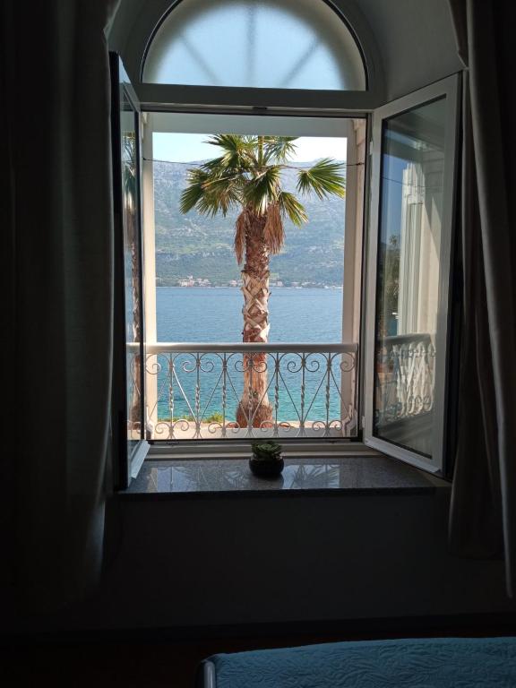 a window view of a palm tree from a hotel room at Rooms Zela 1 in Korčula
