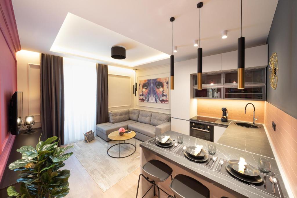 Premium Apartments with balcony في رييكا: مطبخ وغرفة معيشة مع أريكة