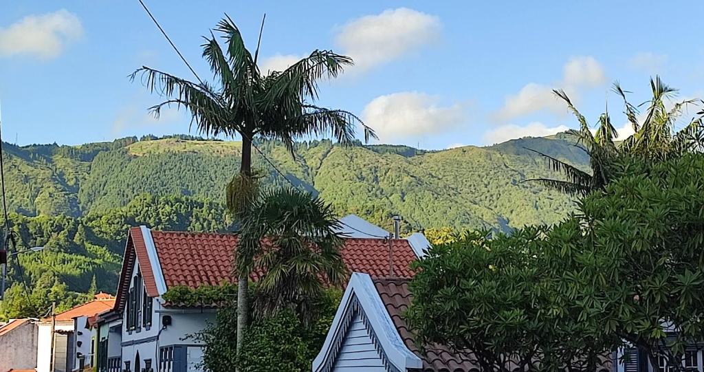 a group of houses and palm trees with mountains in the background at Atlantic Furnas in Furnas
