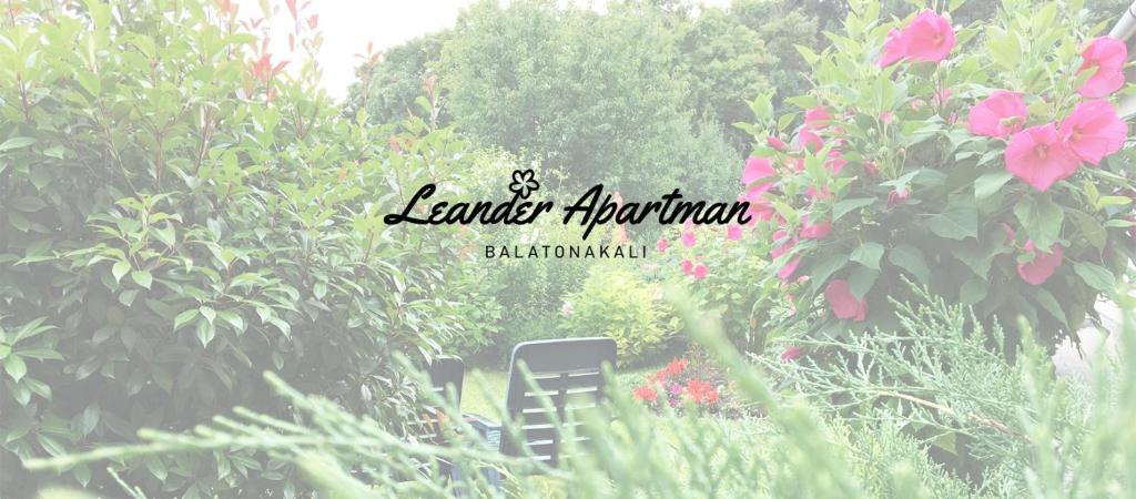 una foto di un giardino con fiori rosa e una sedia di Leander Apartman Balatonakali a Balatonakali