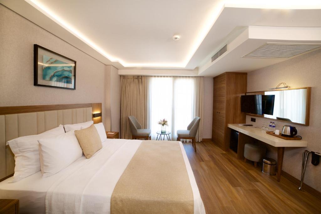 a hotel room with a bed and a desk and a television at Erboy Hotel Istanbul Sirkeci in Istanbul