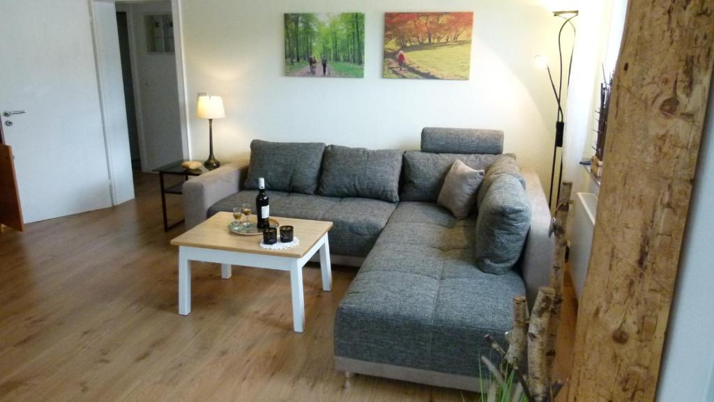 ein Wohnzimmer mit einem Sofa und einem Tisch in der Unterkunft Ferienwohnung Richter in Kirchhundem