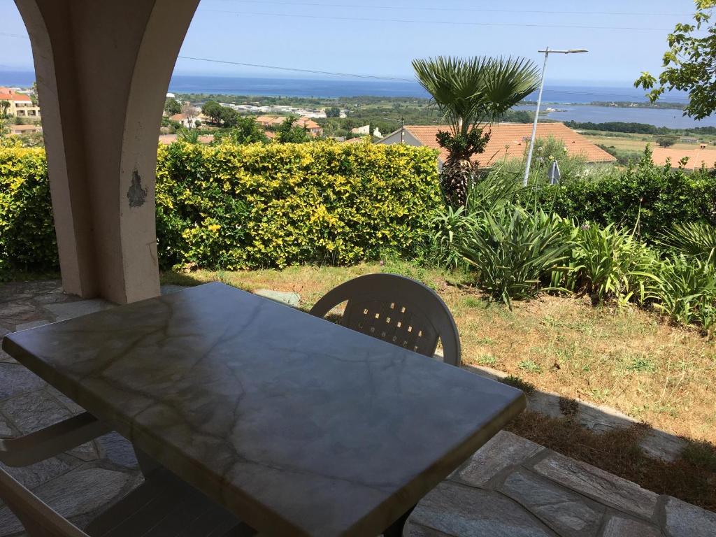 フュリアニにあるRez de Villa Vue Mer Panoramiqueの海の景色を望むパティオ(テーブル、椅子付)