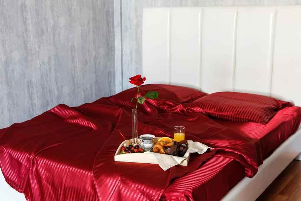 ナーベレジヌイェ・チェルヌイにあるАпартаменты с видом на Камуの赤いベッド