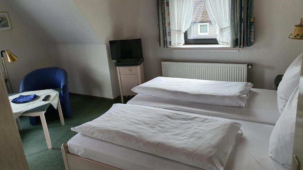 a small room with two beds and a television at Pension Backhaus in Waldeck