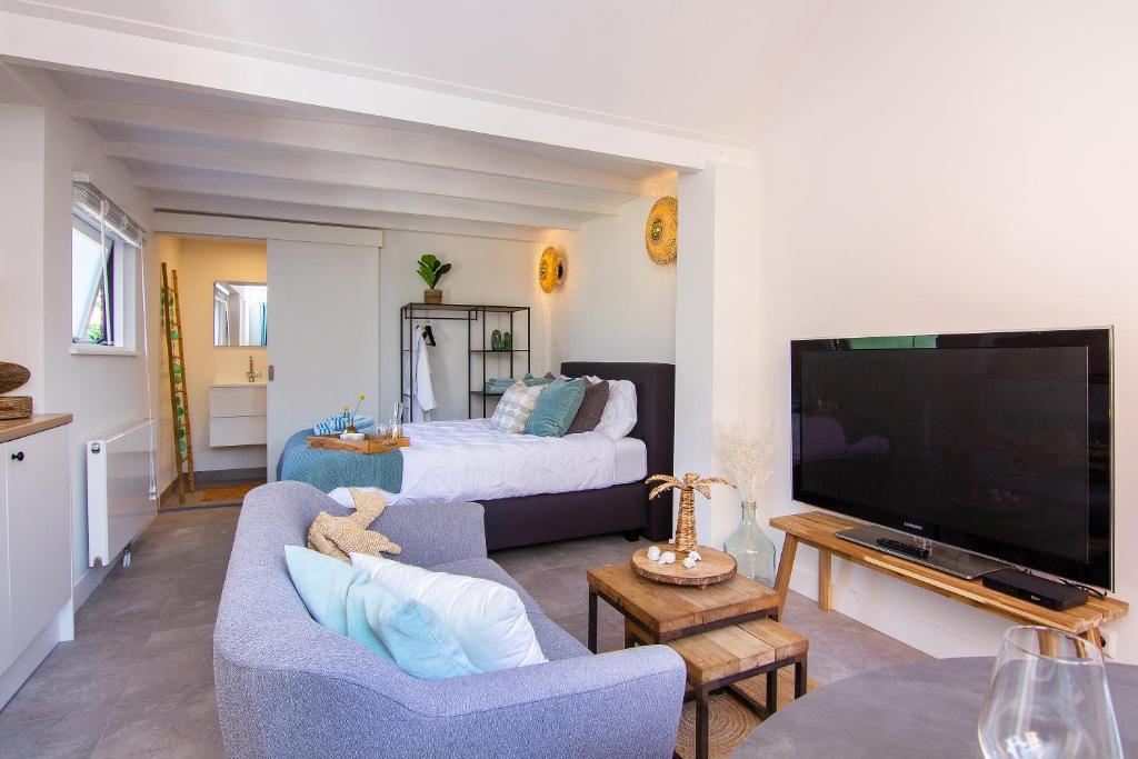 een woonkamer met een bank, een tv en een bed bij Coast Guesthouse in Zandvoort